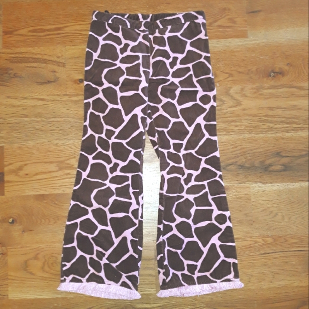 Vintage Gymboree pink brown giraffe patterned fringe trim corduroy flare pants
